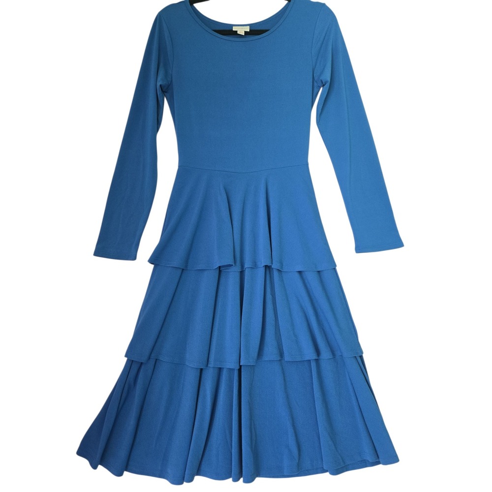 LuLaRoe Womens S Blue Tiered Midi‎ Dress Long Sleeve Boho Cottagecore Flowy